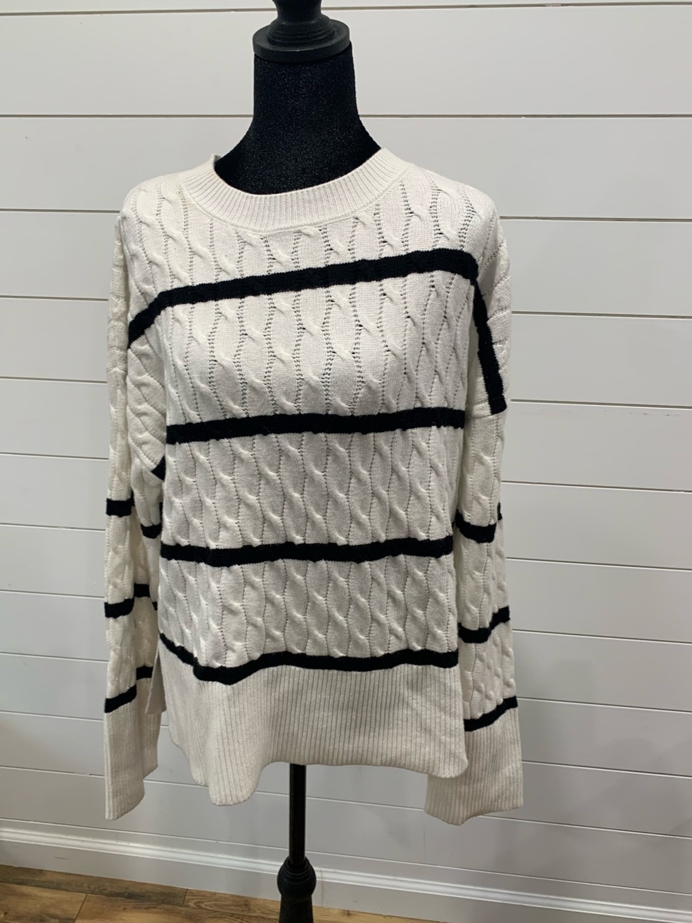 Como Vintage Cream Cable Knit Sweater with Black Stripes